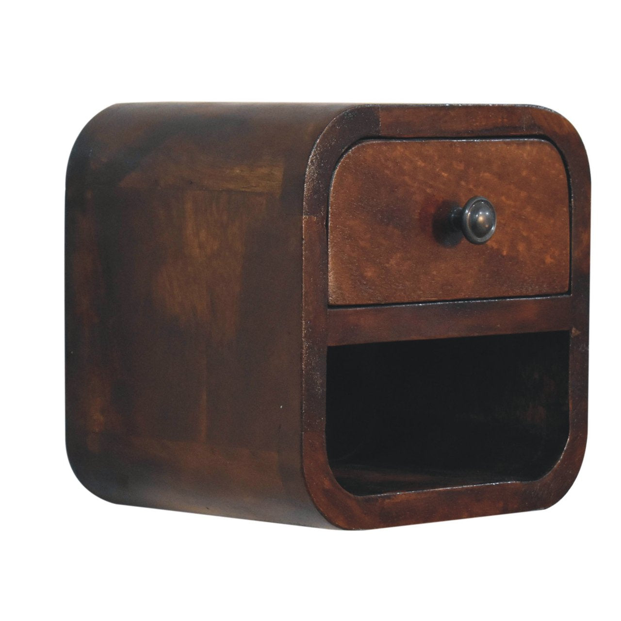 Extra Mini Curved Chestnut Bedside Table made from solid mango wood with one drawer and open lower shelf. Lateral view