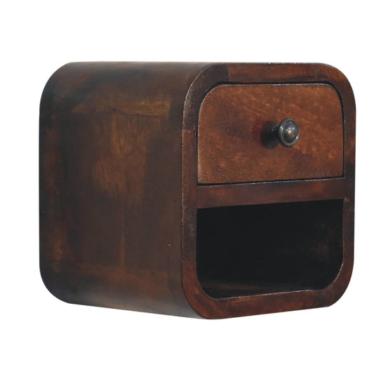 Extra Mini Curved Chestnut Bedside Table made from solid mango wood with one drawer and open lower shelf. Lateral view