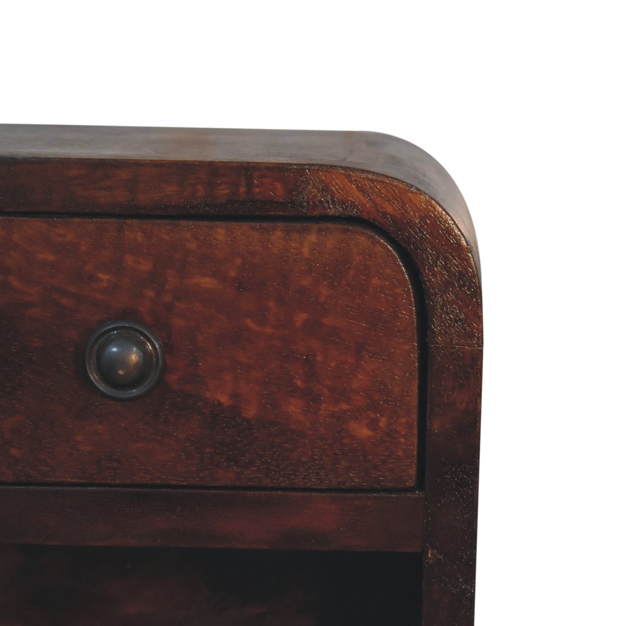 Extra Mini Curved Chestnut Bedside Table made from solid mango wood with one drawer and open lower shelf. Knob view
