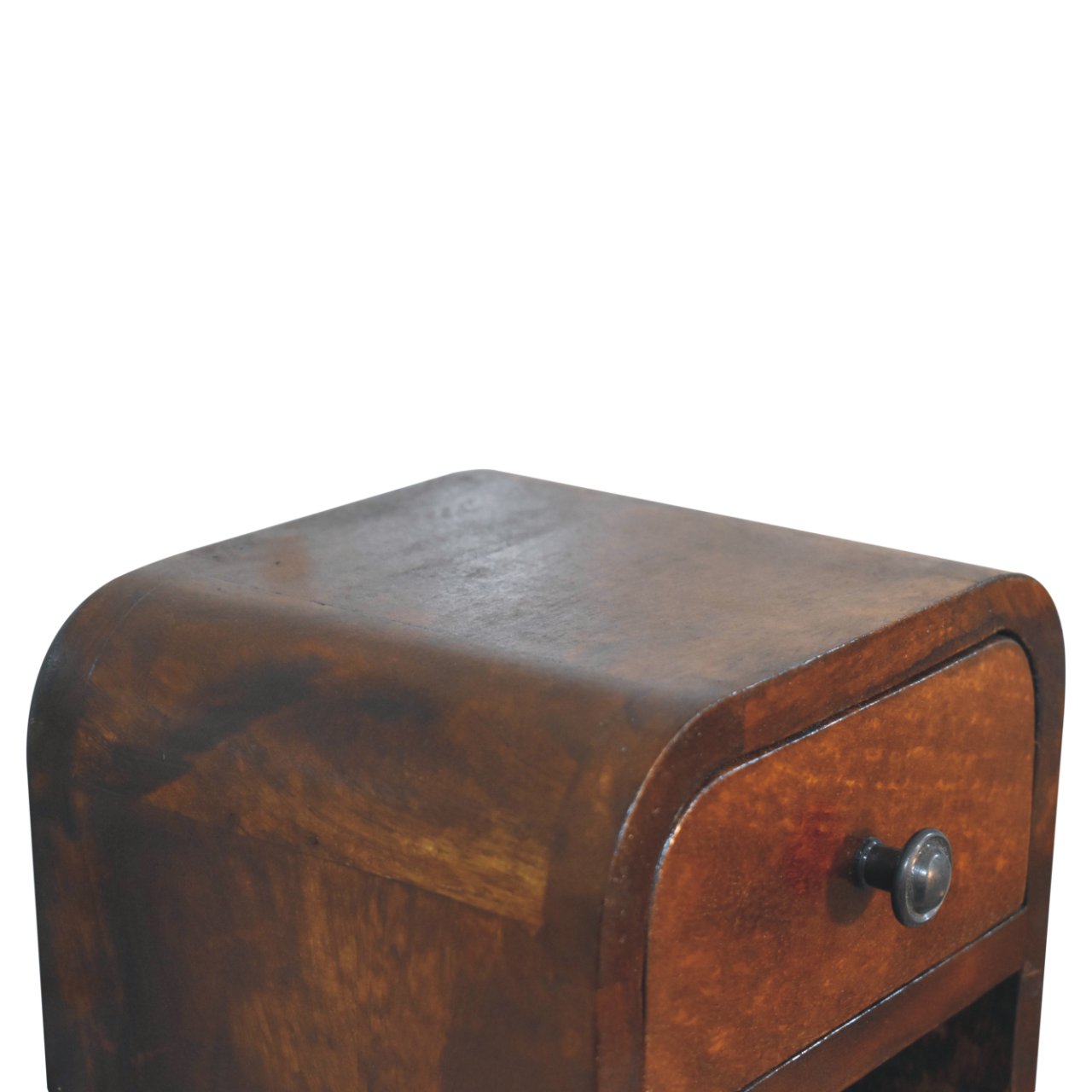 Extra Mini Curved Chestnut Bedside Table made from solid mango wood with one drawer and open lower shelf. Edge view