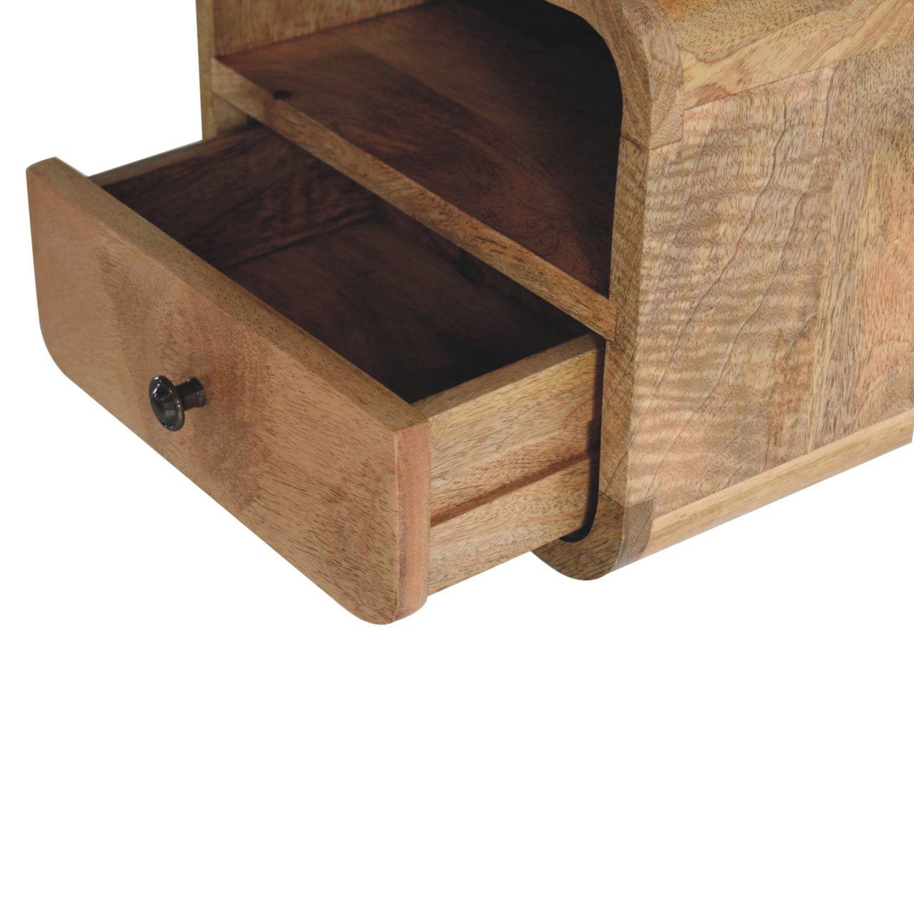 Extra Mini Wall Mounted Curved Oak-ish Bedside Table with one drawer and open lower shelf, solid mango wood. Open drawer view