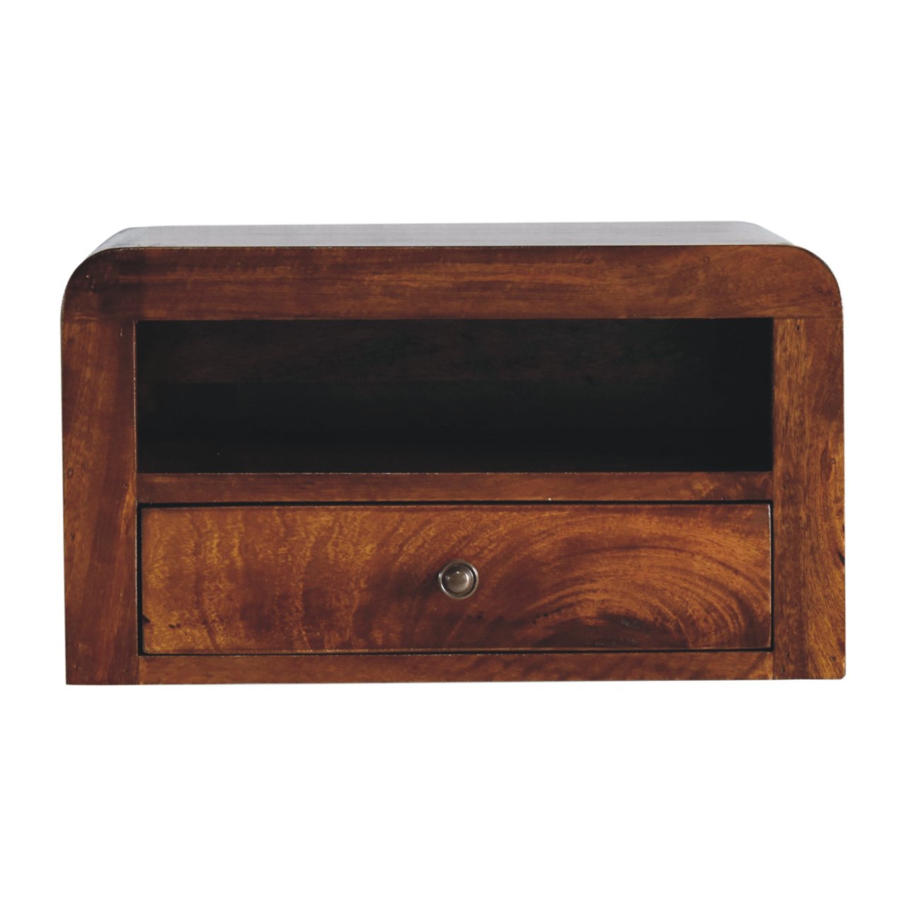 Chunky Wall Mounted Curved Chestnut Bedside Unit made from solid mango wood with one drawer and open shelf