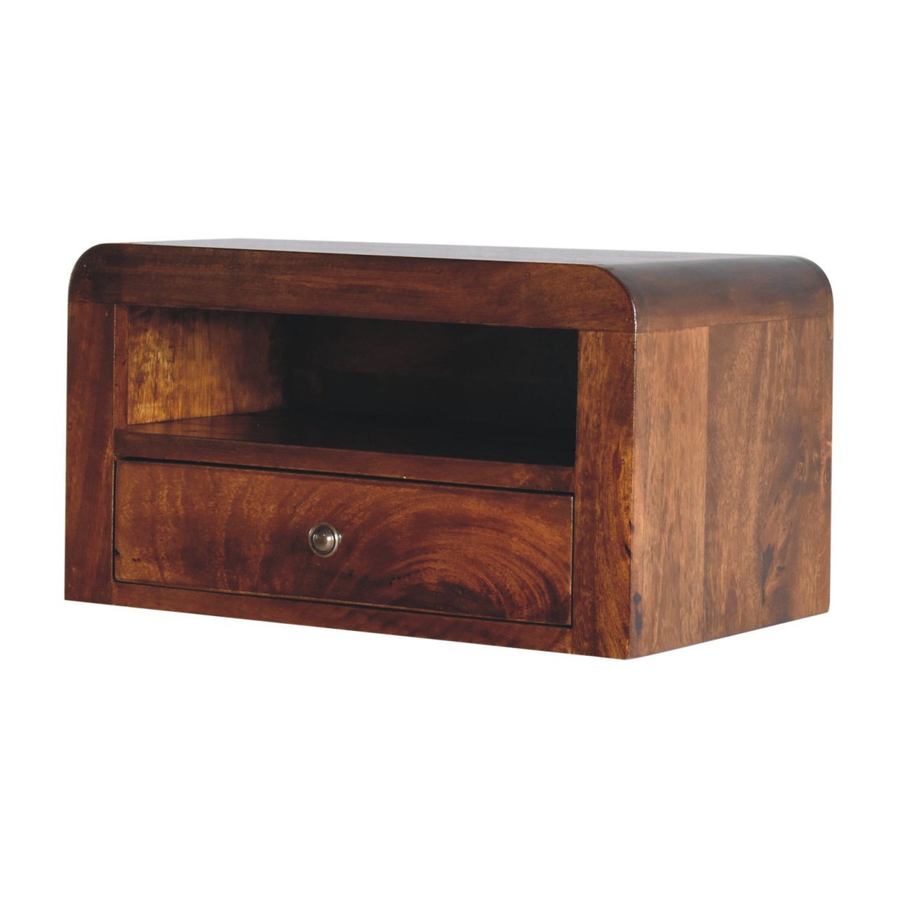 Chunky Wall Mounted Curved Chestnut Bedside Unit made from solid mango wood with one drawer and open shelf. Corner view