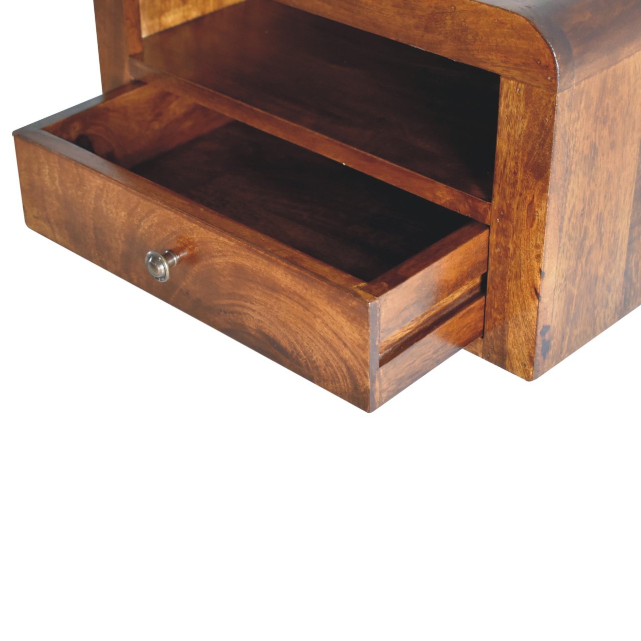 Chunky Wall Mounted Curved Chestnut Bedside Unit made from solid mango wood with one drawer and open shelf. Open drawer view