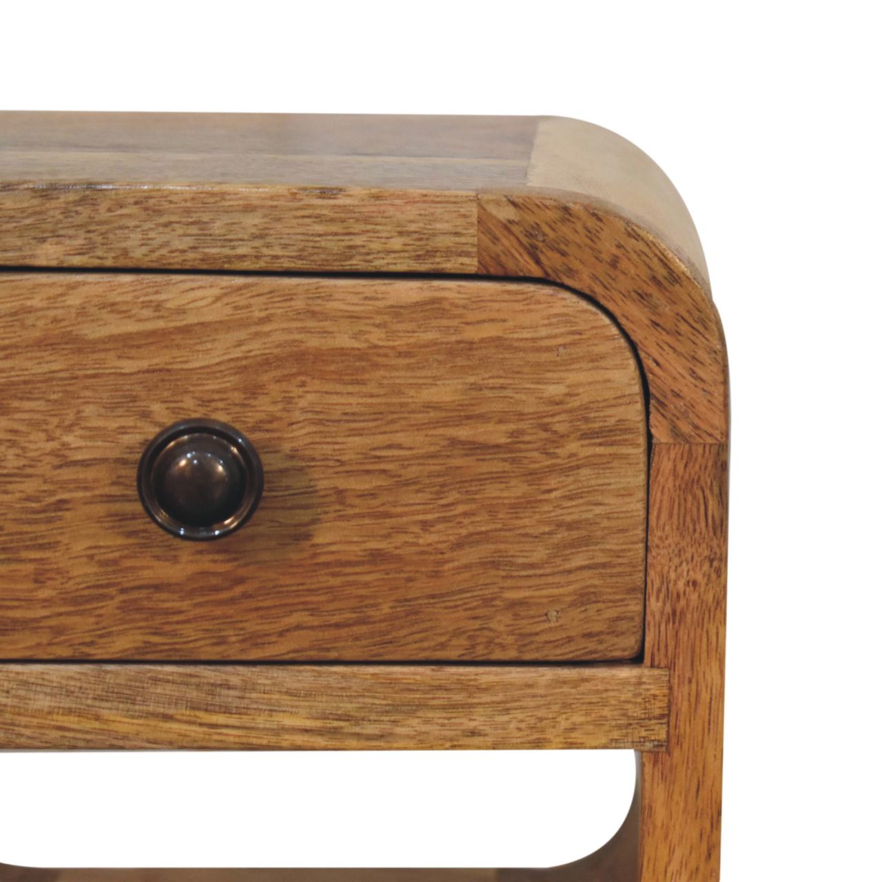 Extra Mini Oak-ish Curve Lower Bedside. Modern small bedside table. Knob view