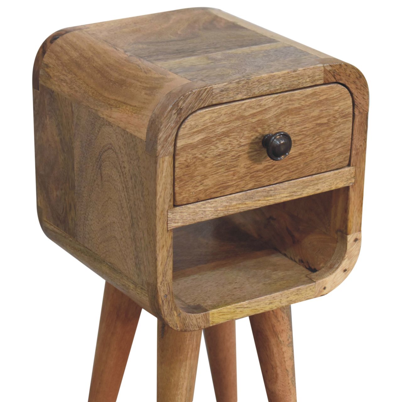 Extra Mini Oak-ish Curve Lower Bedside. Modern small bedside table.  Detailed table view