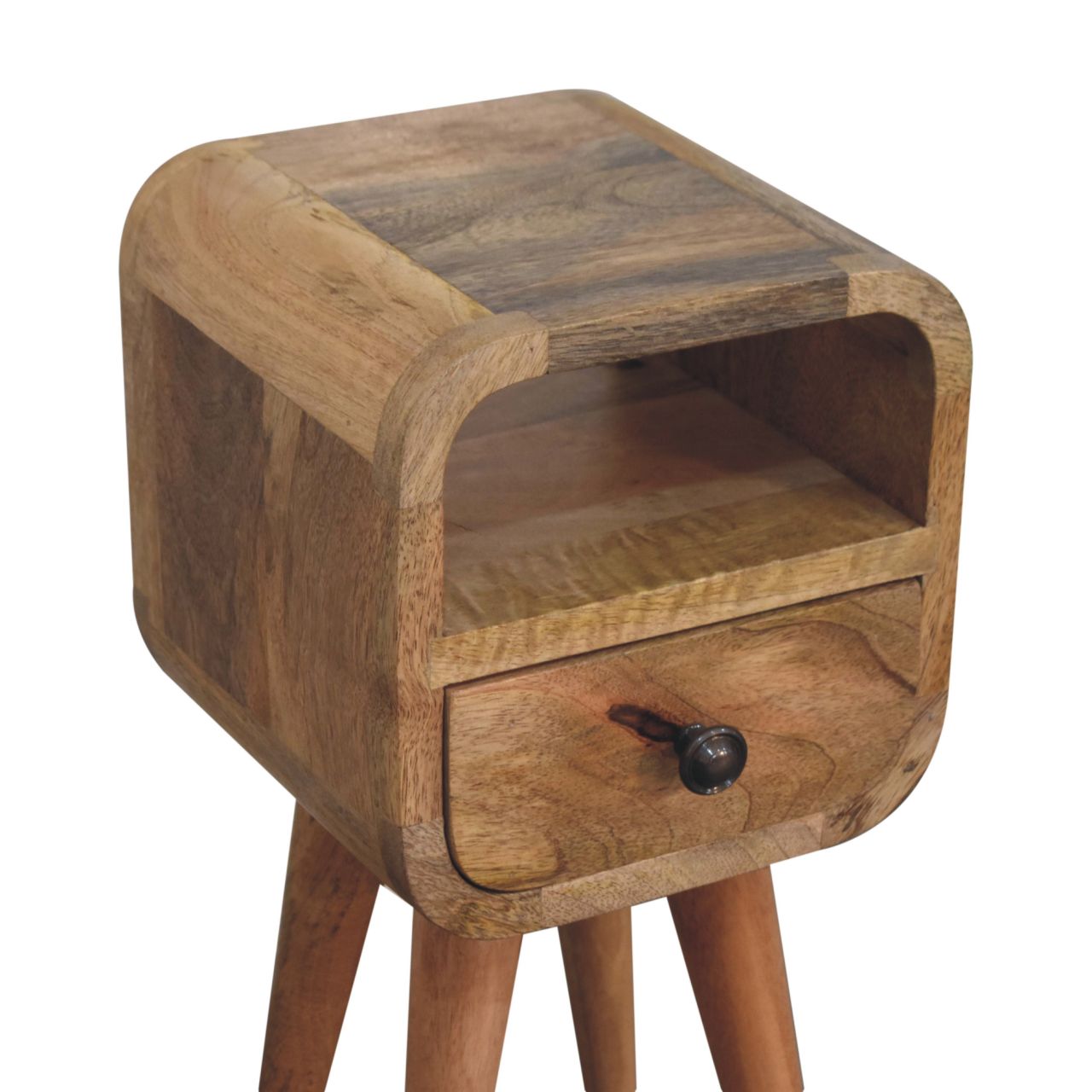 Extra Mini Oak-ish Bedside Table made from solid mango wood with one drawer, open slot, and Nordic-style legs. Close up view