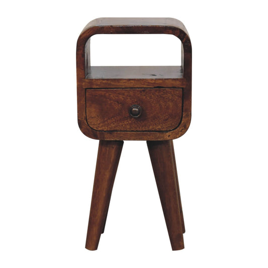 Mini bedside table in oak finish with curved edges, one drawer, open storage slot, and Nordic-style legs