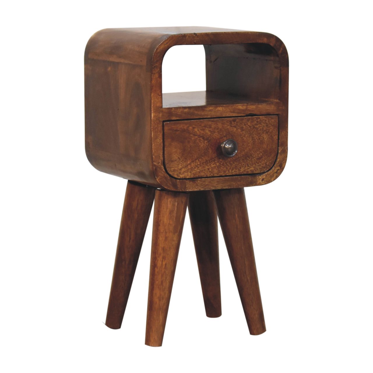 Mini bedside table in oak finish with curved edges, one drawer, open storage slot, and Nordic-style legs
