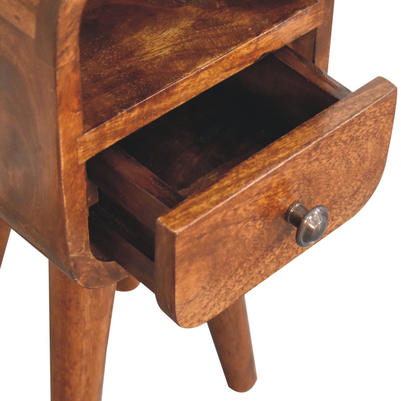 Drawer and open slot of oak-finish mini bedside table with Nordic-style wooden legs. Open drawer