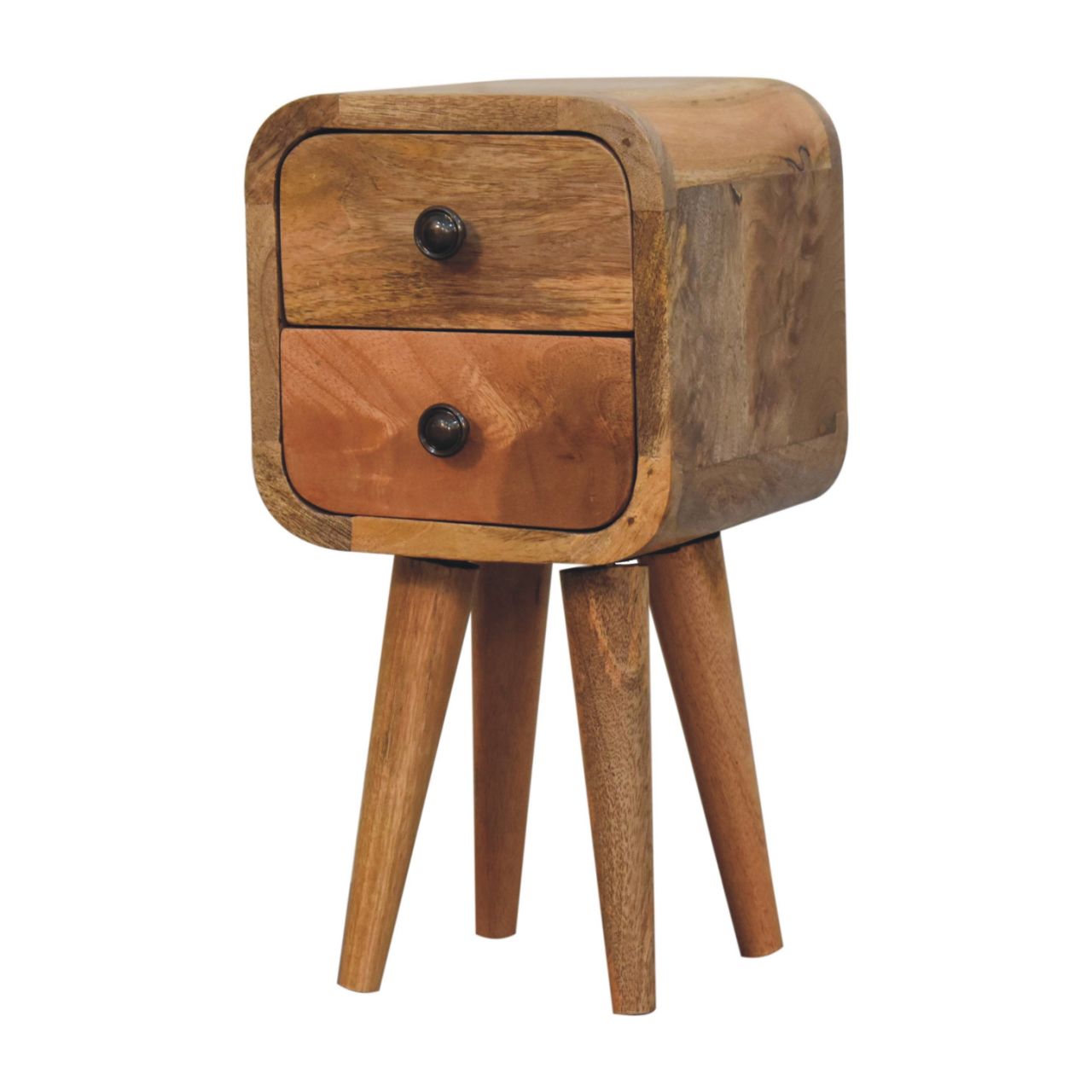 Extra Mini Curved Oak-ish Bedside Table made from solid mango wood with two drawers and Nordic-style legs. Lateral view