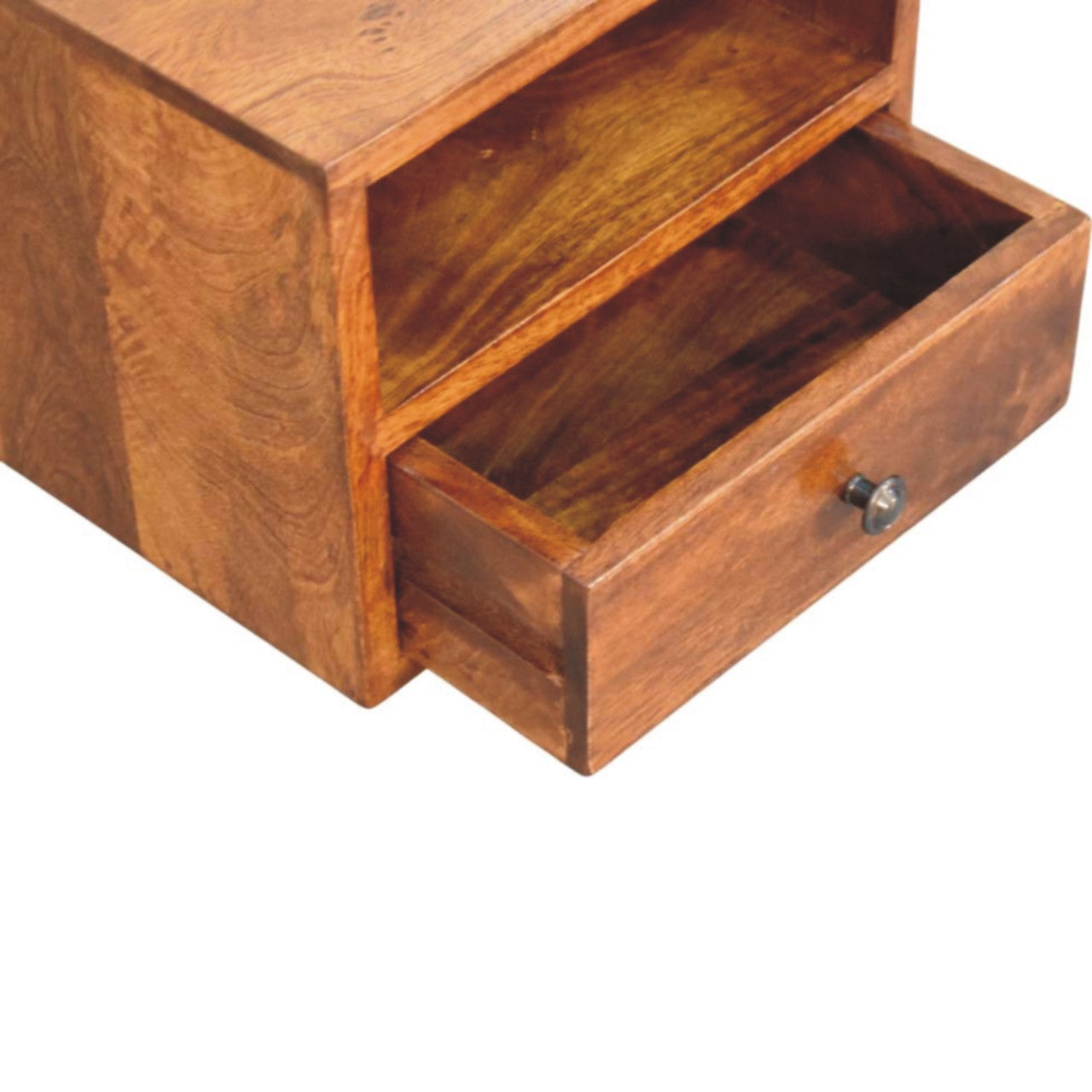 Solis 1 Drawer Chestnut Wall Mounted Nightstand. open drawer view