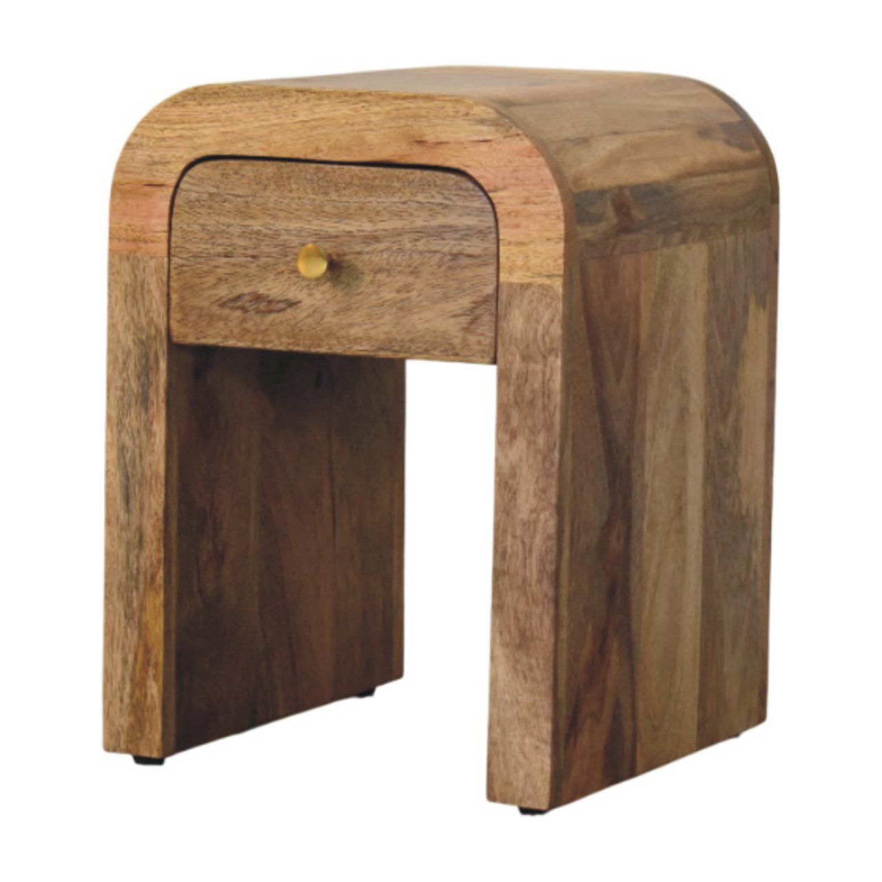 Mini Darcy Oak-ish Nightstand with a single drawer, brass knob, and curved edges