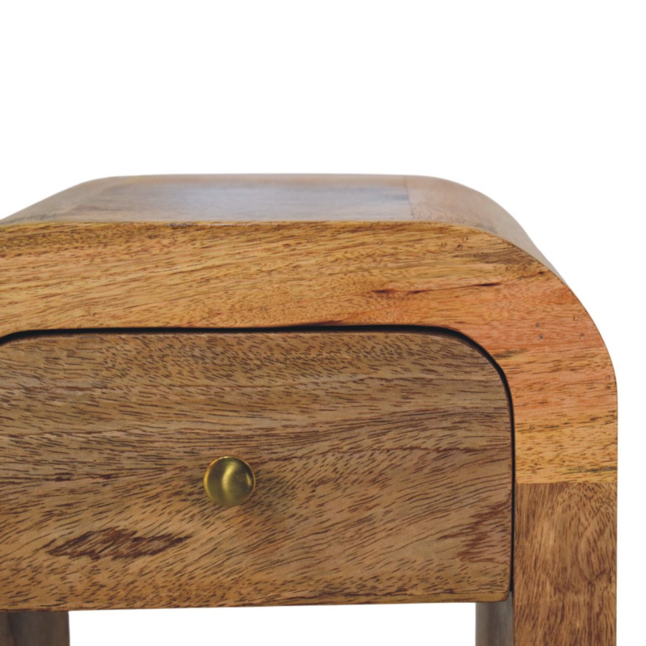 Mini Darcy Oak-ish Nightstand with a single drawer, brass knob, and curved edges. Knob view