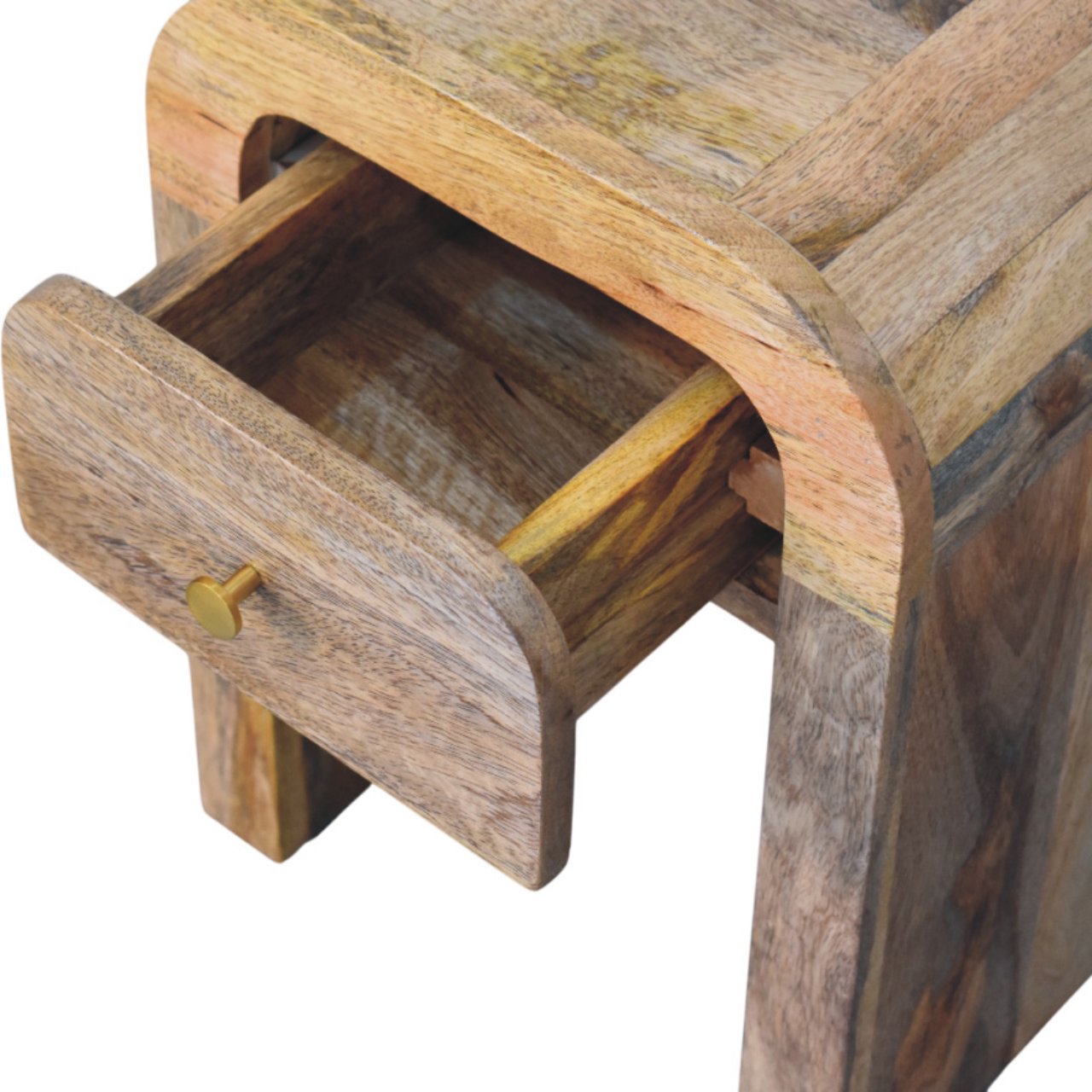 Mini Darcy Oak-ish Nightstand with a single drawer, brass knob, and curved edges. Opened drawer view