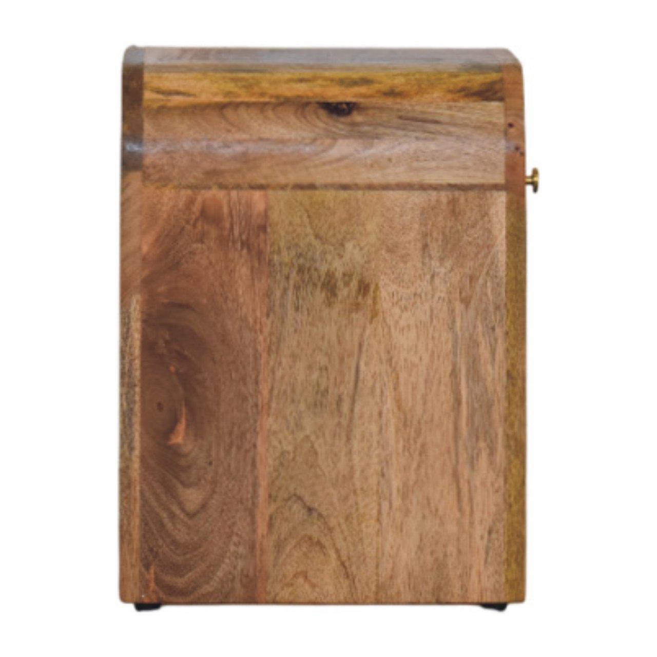 Mini Darcy Oak-ish Nightstand with a single drawer, brass knob, and curved edges. Side view