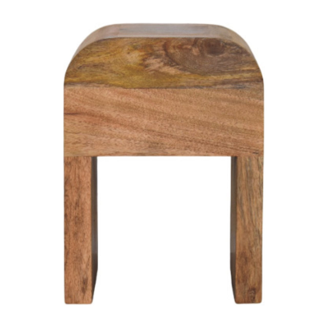 Mini Darcy Oak-ish Nightstand with a single drawer, brass knob, and curved edges. Back view