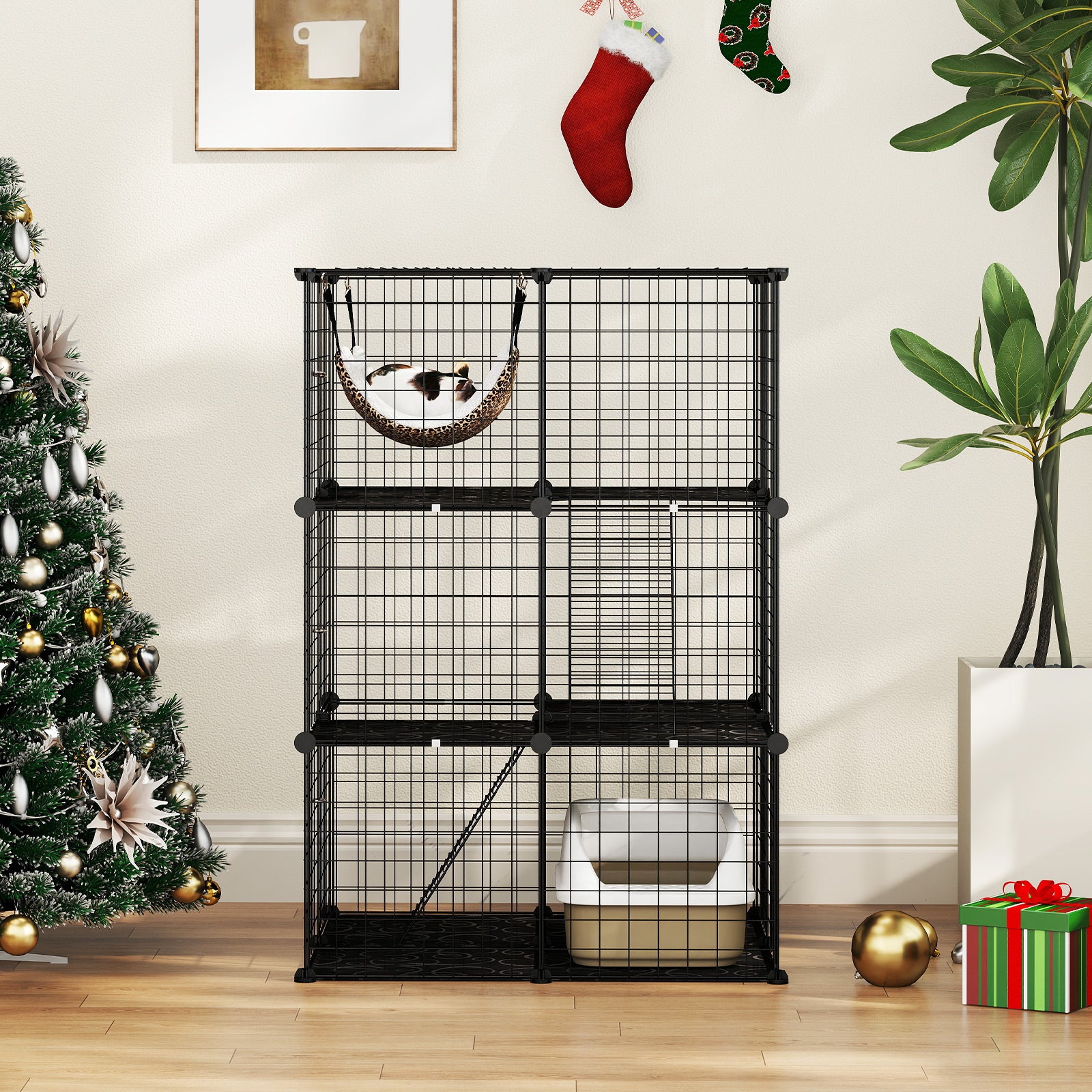 Indoor Cat Cage 3-Tier Cat Enclosure Detachable Metal Wire Kennel-Black