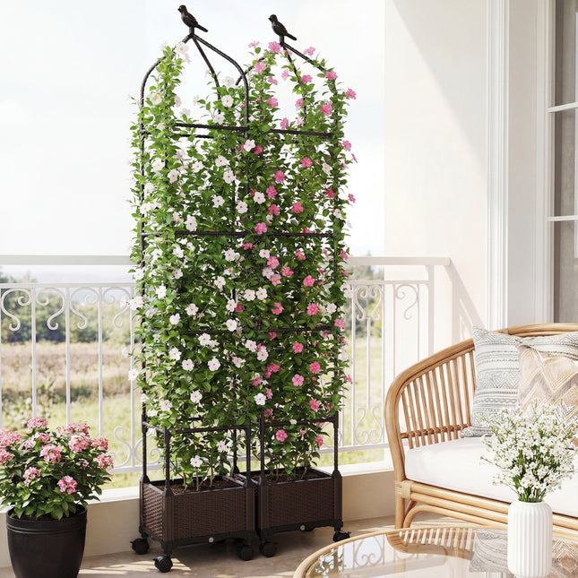 Indoor Outdoor Raised Garden Bed with Trellis and Self-Drainage and Wheels-Black