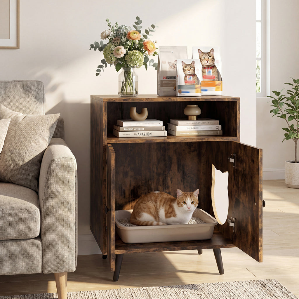 Industrial Cat Litter Box Enclosure with Entry and Open Compartment-Brown