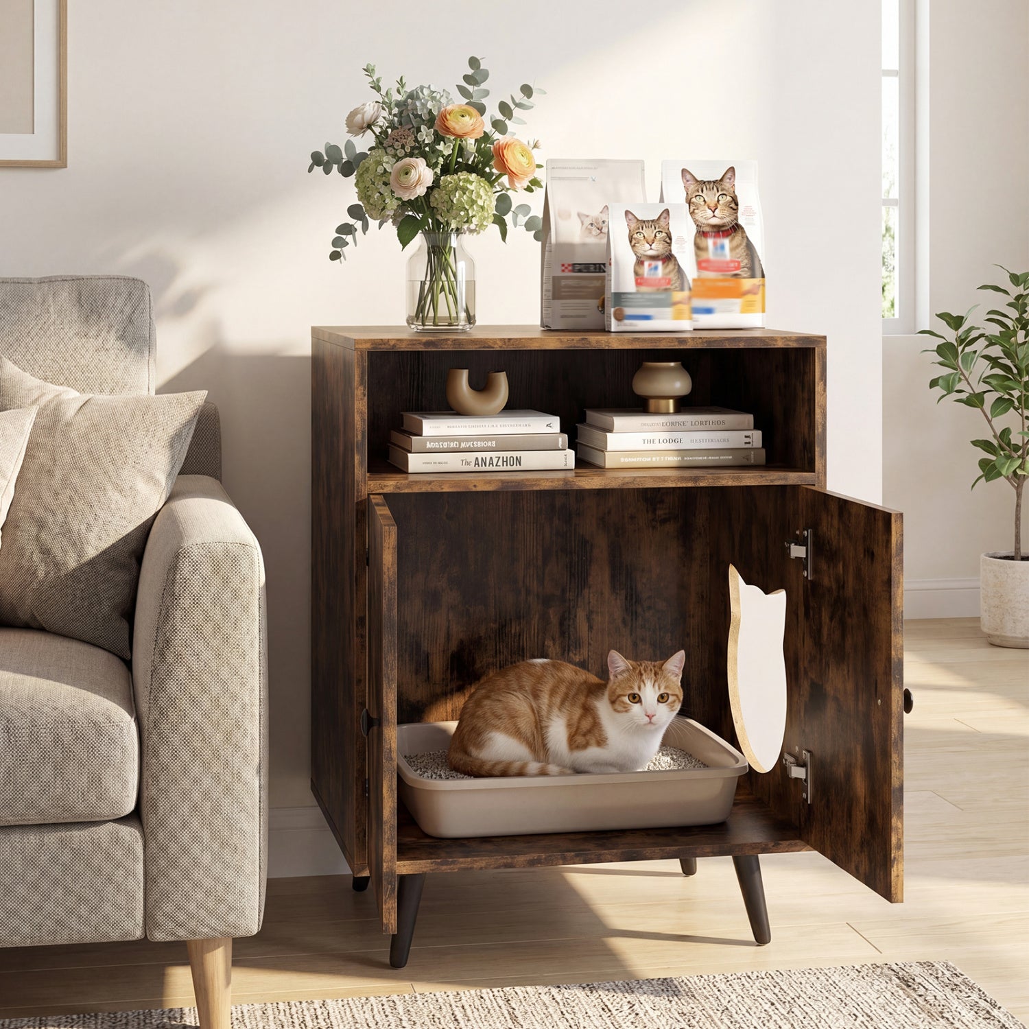 Industrial Cat Litter Box Enclosure with Entry and Open Compartment-Brown