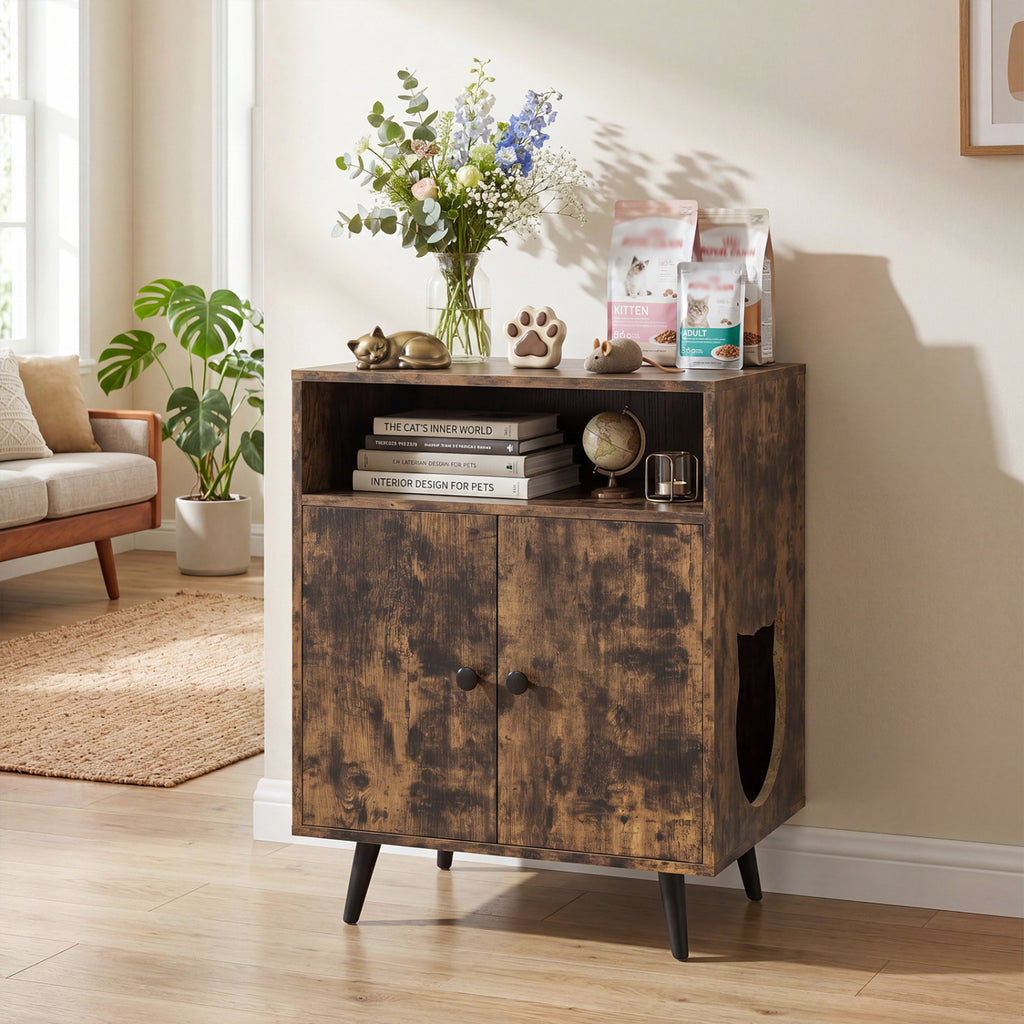 Industrial Cat Litter Box Enclosure with Entry and Open Compartment-Brown