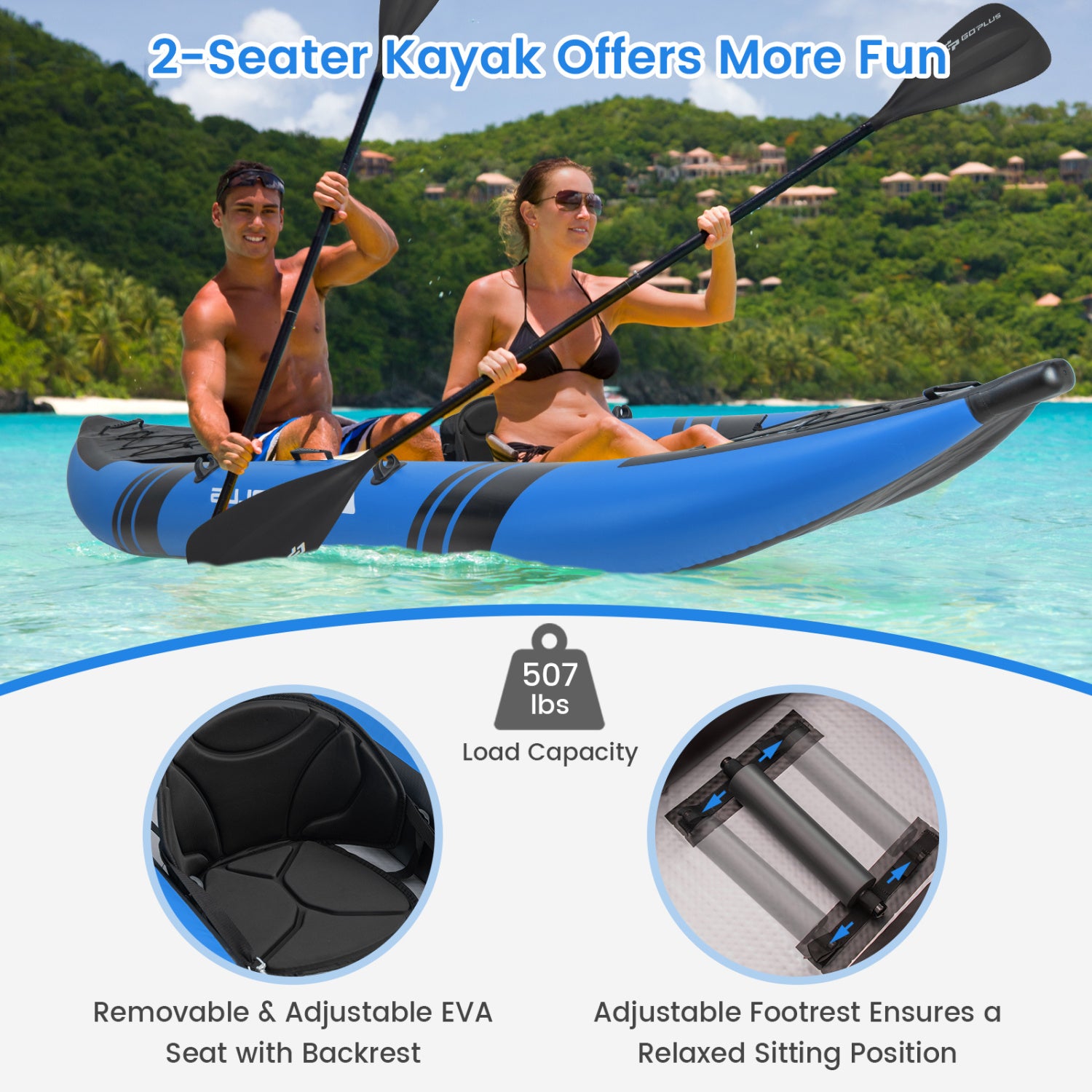 Inflatable 2-person Kayak Set with Aluminium Oars and Repair Kit-Blue