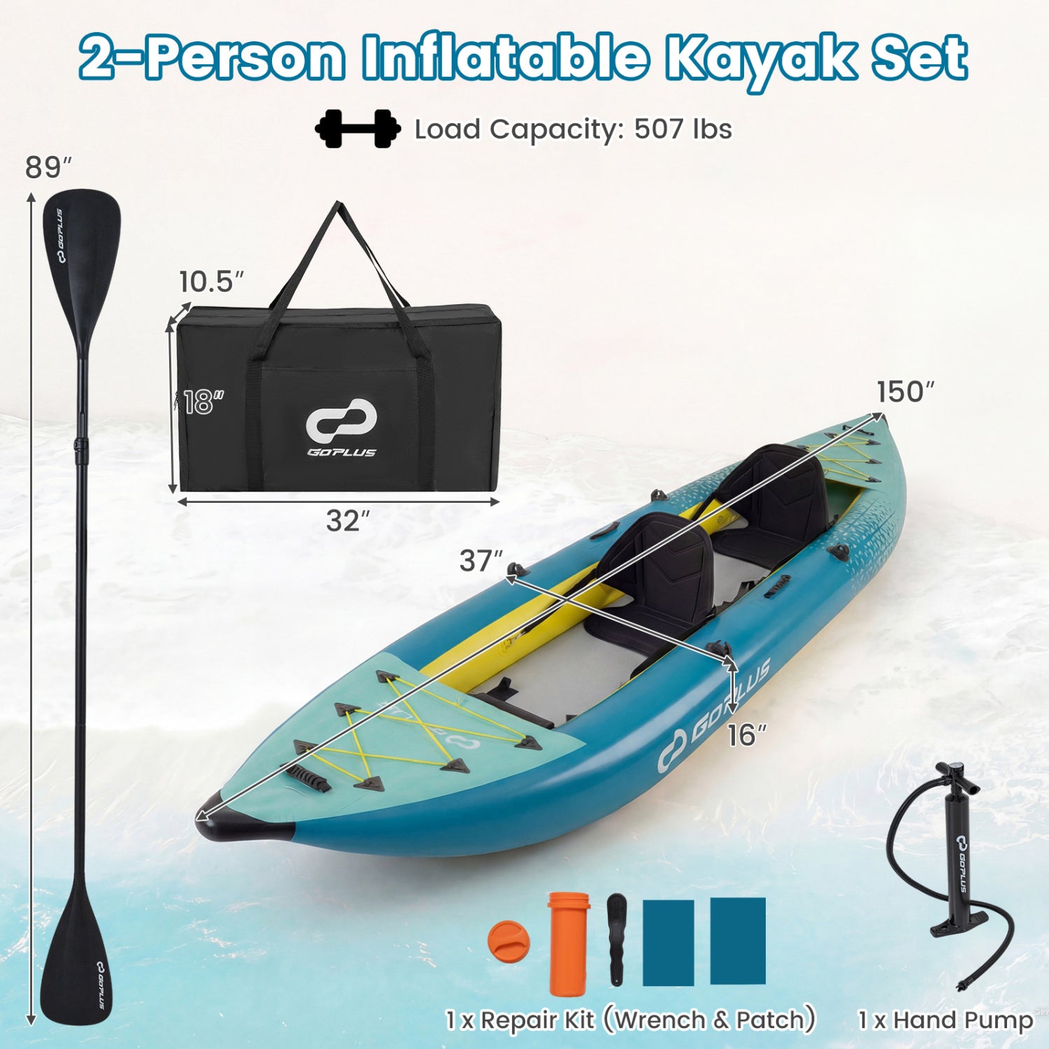 Inflatable 2-person Kayak Set with Aluminium Oars and Repair Kit-Green