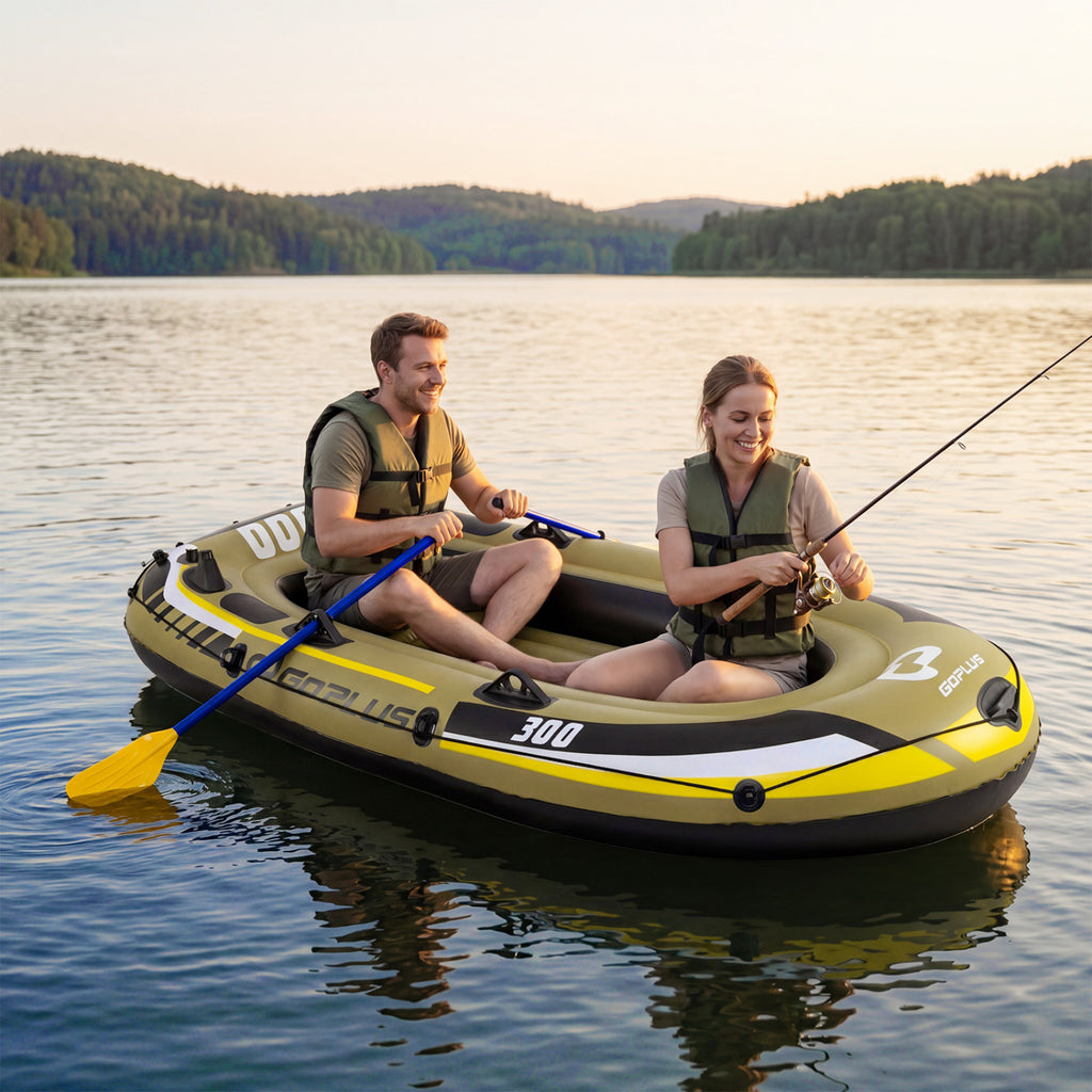 Inflatable Boat 3-Person Fishing Raft Set with Oars and Pump-Green