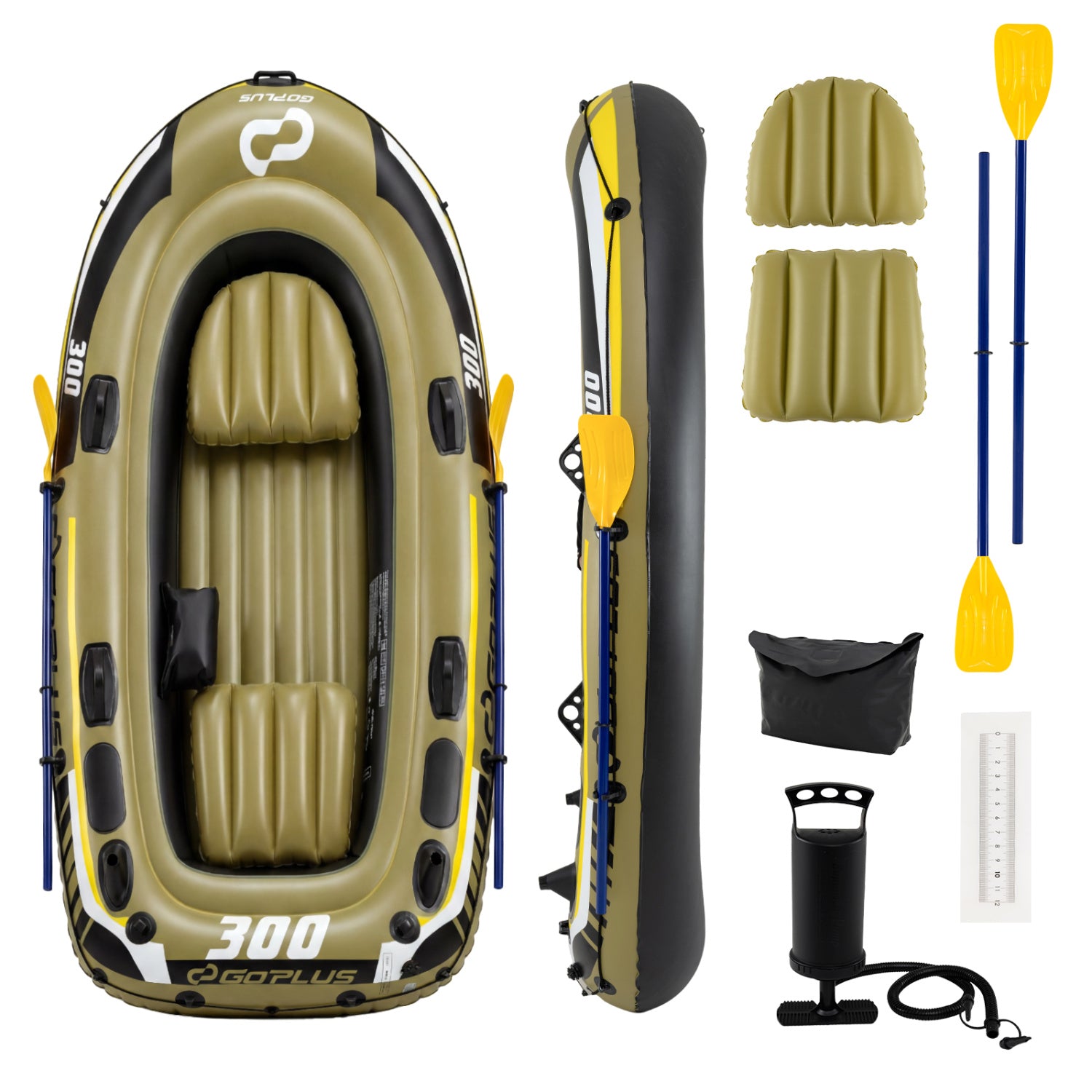 Inflatable Boat 3-Person Fishing Raft Set with Oars and Pump-Green