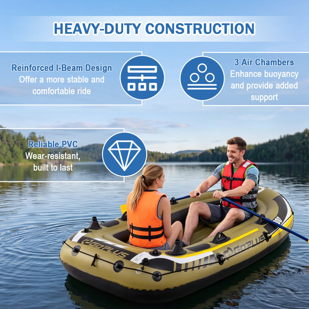 Inflatable Boat 3-Person Fishing Raft Set with Oars and Pump-Green