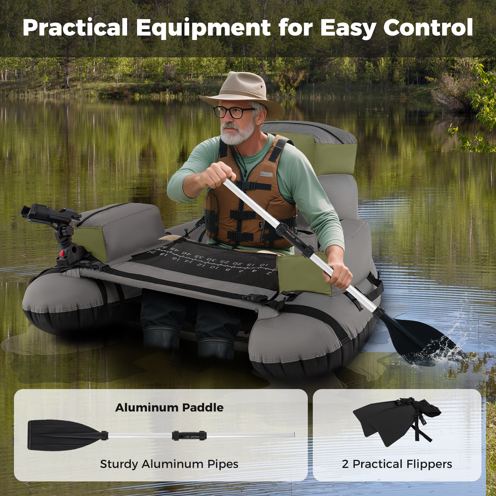 Inflatable Fishing Float Tube with Shoulder Straps and Storage for Angling-Green