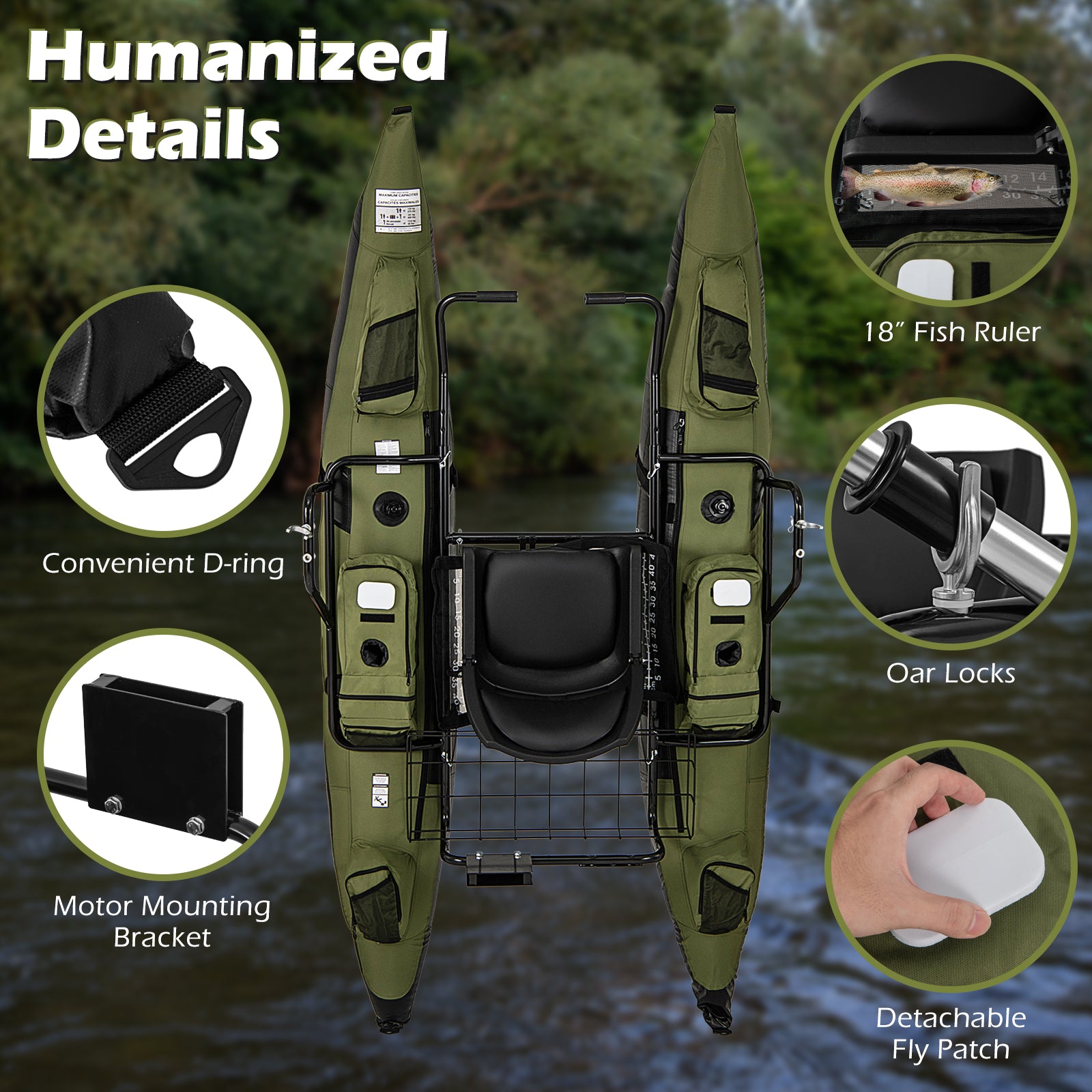 Inflatable Fishing Float Tube with Foldable Padded Seat and Adjustable Footrest-Green