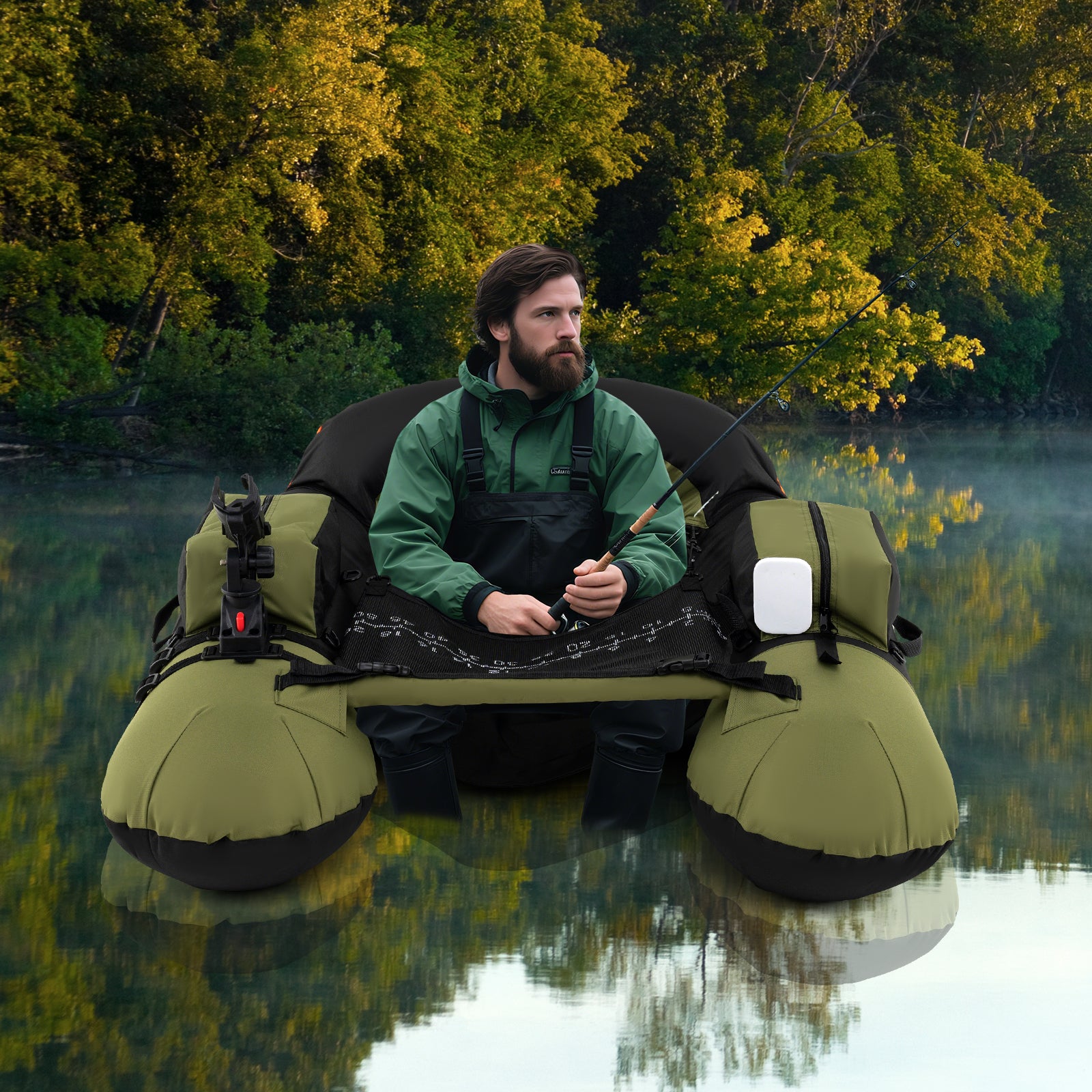 Inflatable Float Tube with Adjustable Fishing Rod Holder and Fish Hook Stator-Green