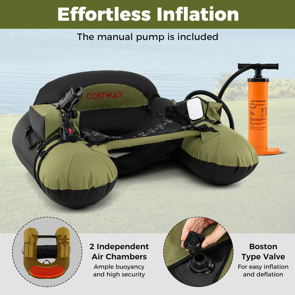 Inflatable Float Tube with Adjustable Fishing Rod Holder and Fish Hook Stator-Green