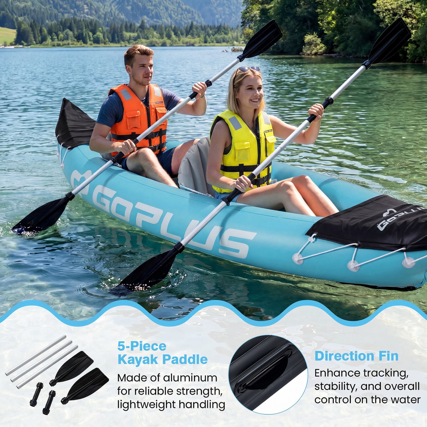 Inflatable Kayak 2 Person Heavy Duty Tandem Touring Kayak with Aluminum Paddles-Blue