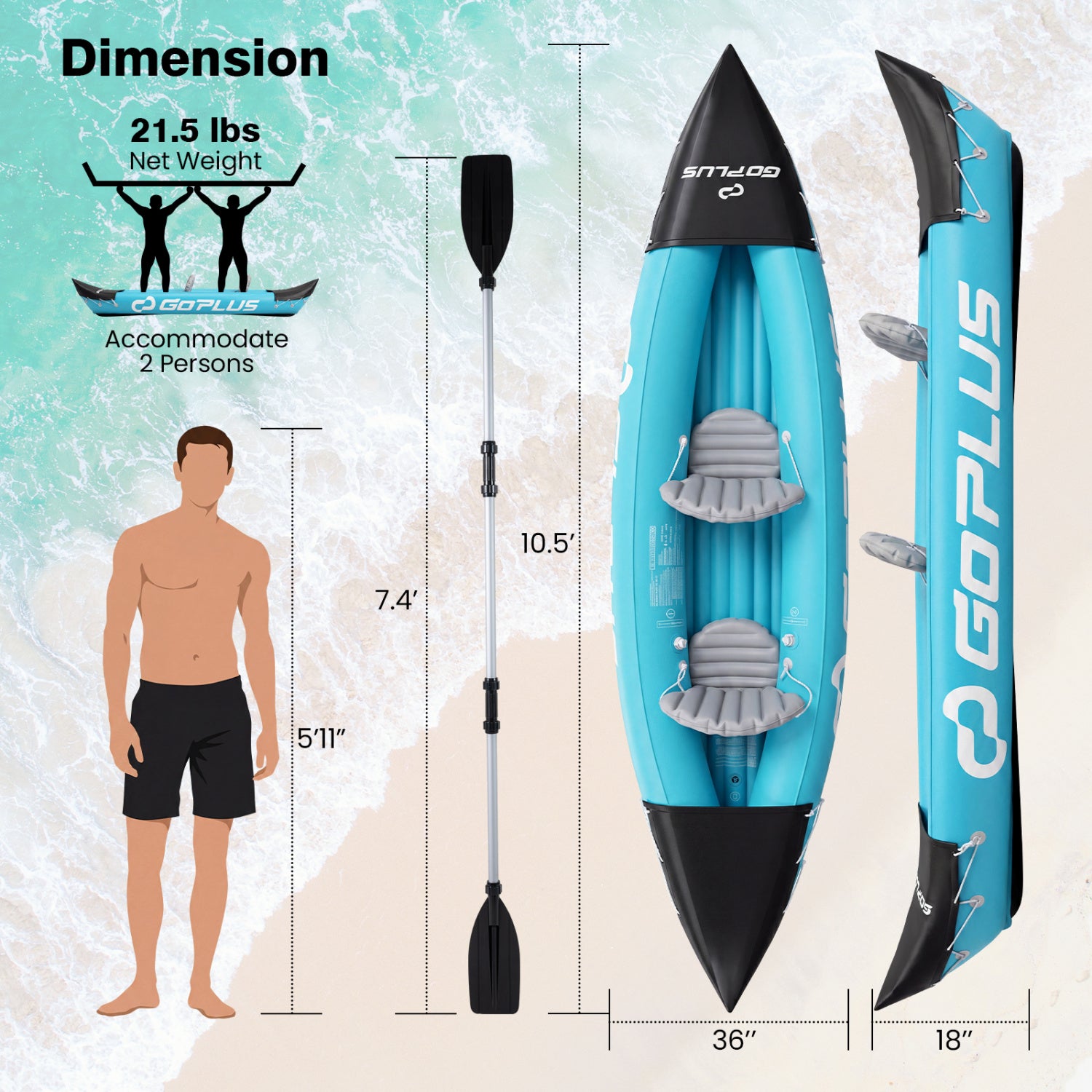 Inflatable Kayak 2 Person Heavy Duty Tandem Touring Kayak with Aluminum Paddles-Blue