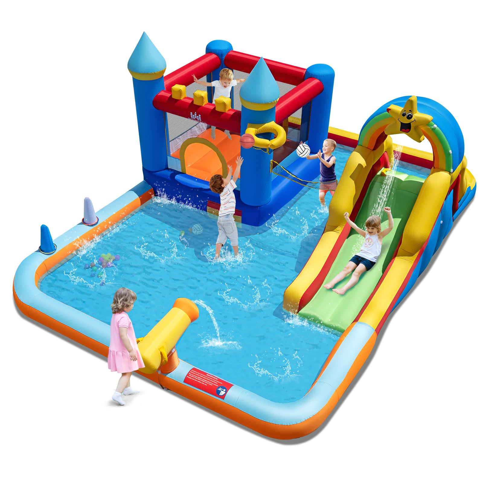 Parc aquatique gonflable avec toboggan, mur d'escalade et piscine à éclaboussures