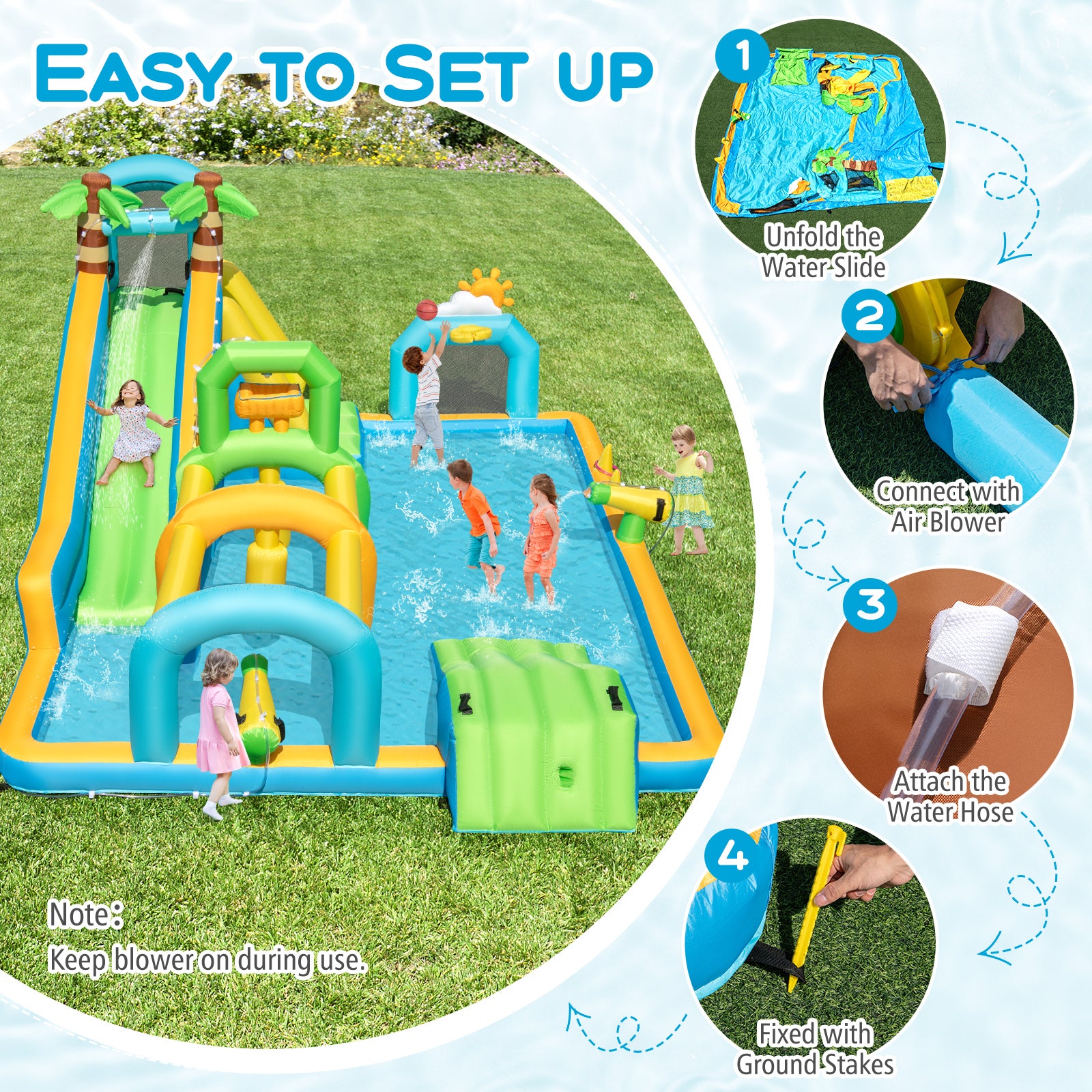 Inflatable Water Slide Tropical Theme Dual Slide Aqua Park with 735W Blower