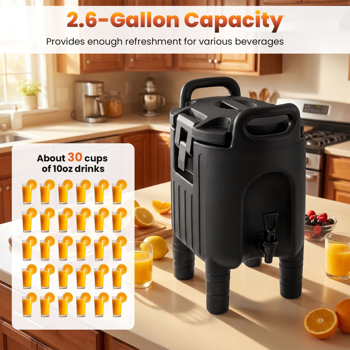 Insulated Beverage Dispensers Set of 2 Hot and Cold Drink Server Carriers with Ergonomic Handles-Black