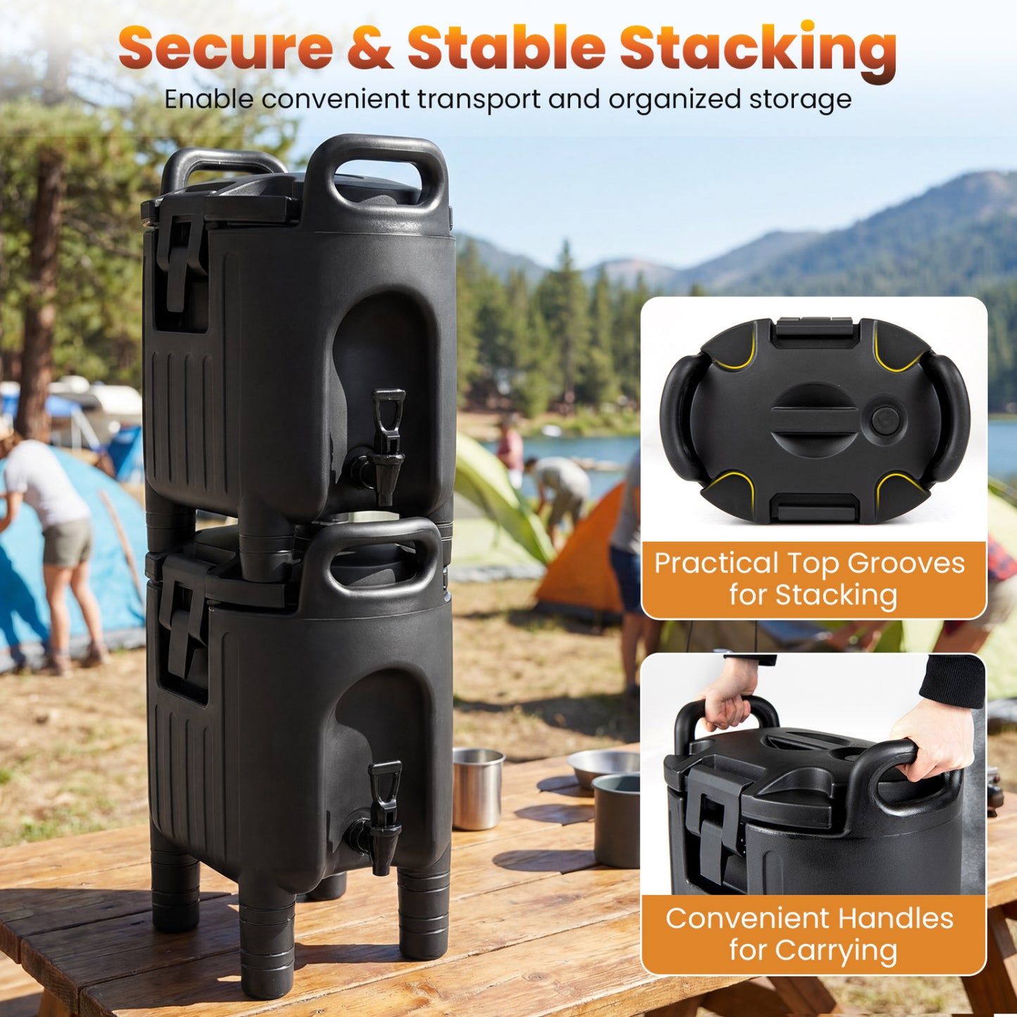 Insulated Beverage Dispensers Set of 2 Hot and Cold Drink Server Carriers with Ergonomic Handles-Black