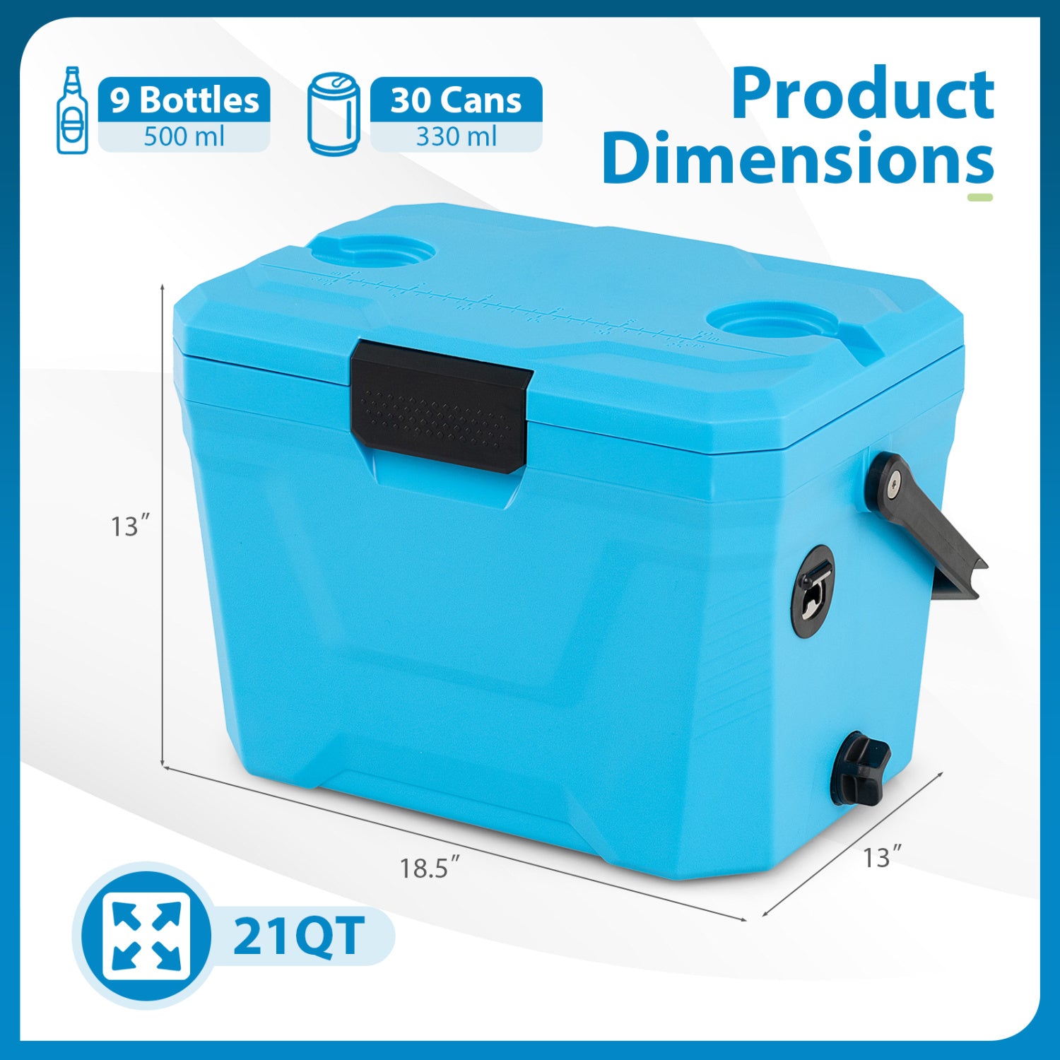 Glacière isotherme portable à coque rigide avec 2 porte-gobelets - Bleu
