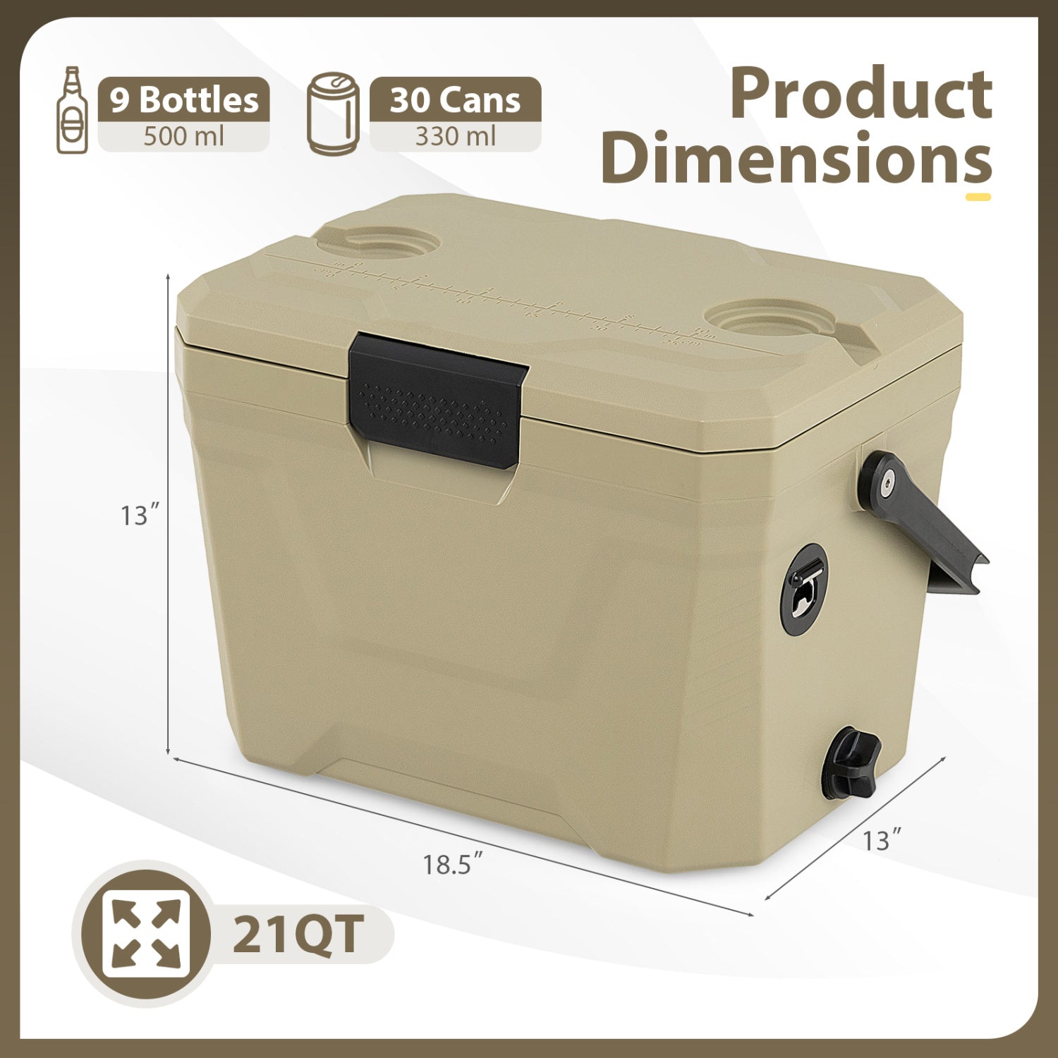 Glacière Portable Isotherme Rigide avec 2 Porte-Gobelets - Couleur Sable