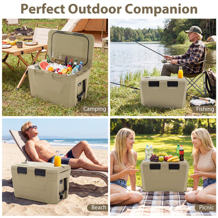 Insulated Portable Cooler Hard Shell Ice Chest with 2 Cup Holders Bottle Opener and Drain Plug-Sand Color