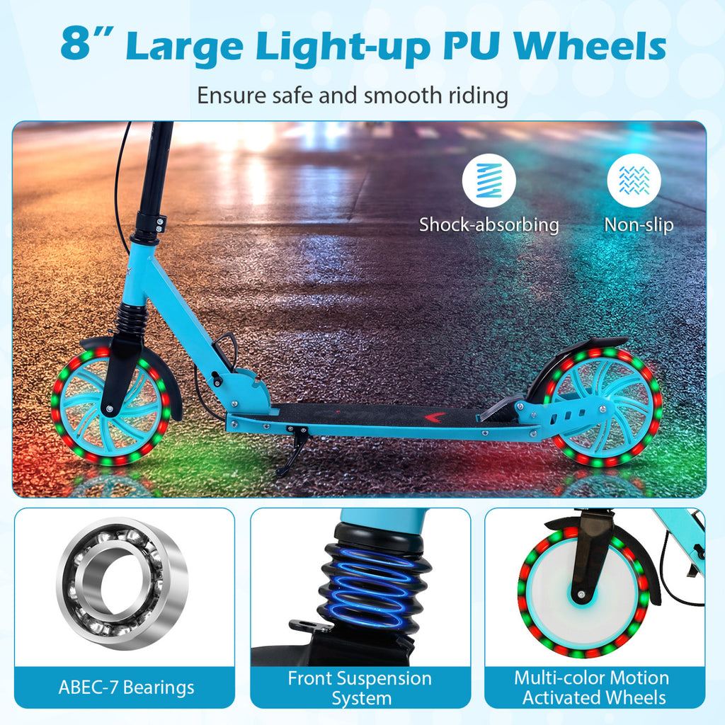 Kick Scooter for Kids Teens Adults Age 8+ Foldable Scooter with Large Light-up Wheels-Blue