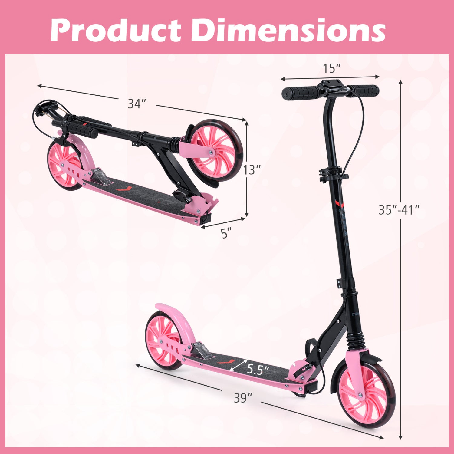 Kick Scooter for Kids Teens Adults Age 8+ Foldable Scooter with Large Light-up Wheels-Pink