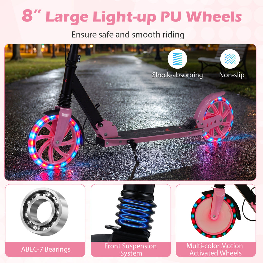 Kick Scooter for Kids Teens Adults Age 8+ Foldable Scooter with Large Light-up Wheels-Pink