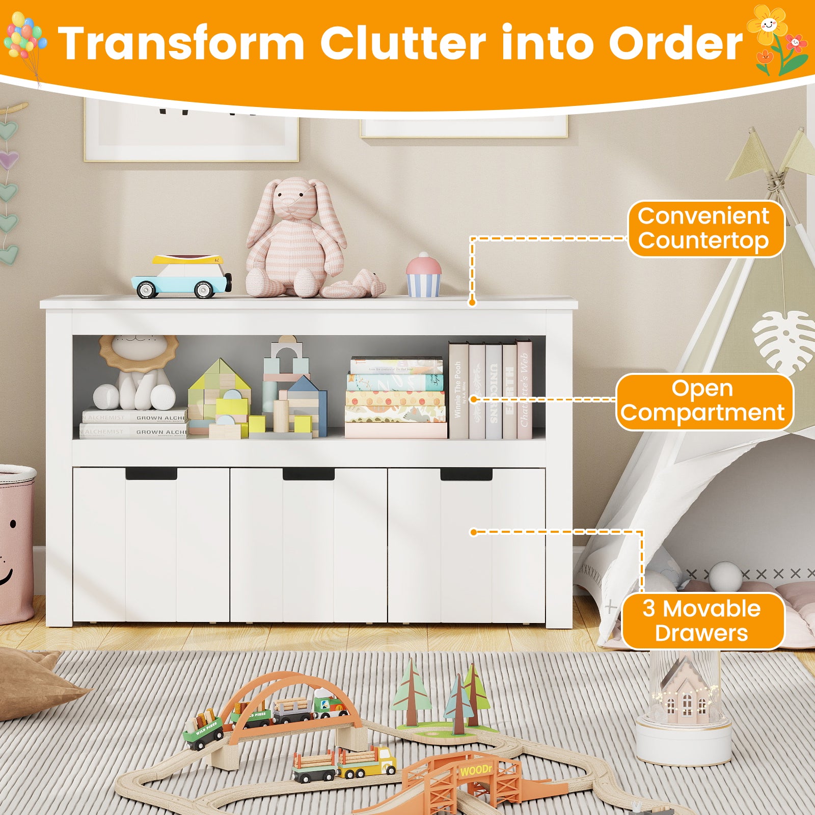 Kid Toy Storage Cabinet 3 Drawer Chest with Wheels Large Storage Cube Shelf