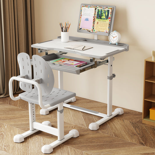 Kid's Study Desk and Chair Set with Tilt Desktop and Book Stand-Gray