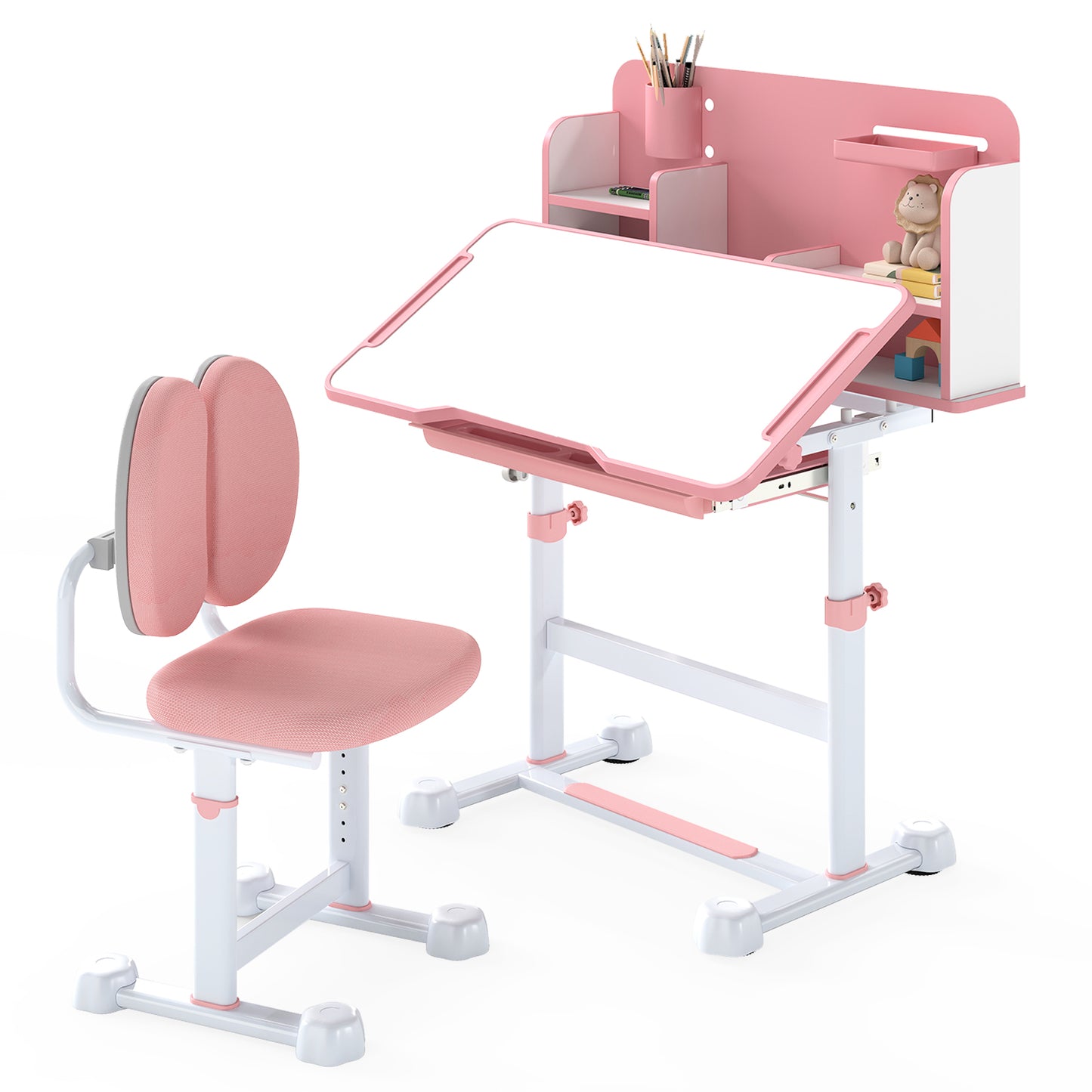 Kid's Study Desk and with Tilt Desktop and Pen Holder-Pink
